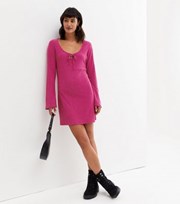 New Look Deep Pink Crinkle Jersey Tie Front Flared Sleeve Mini Dress